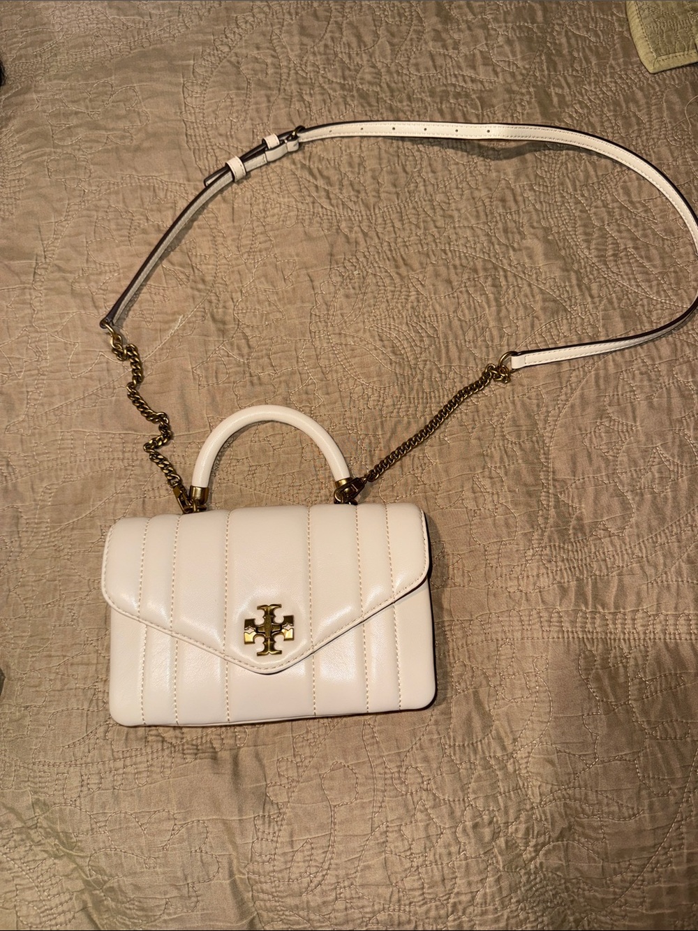 Tory Burch Cream Quilted Top-Handle Crossbody Bag with Gold Hardware